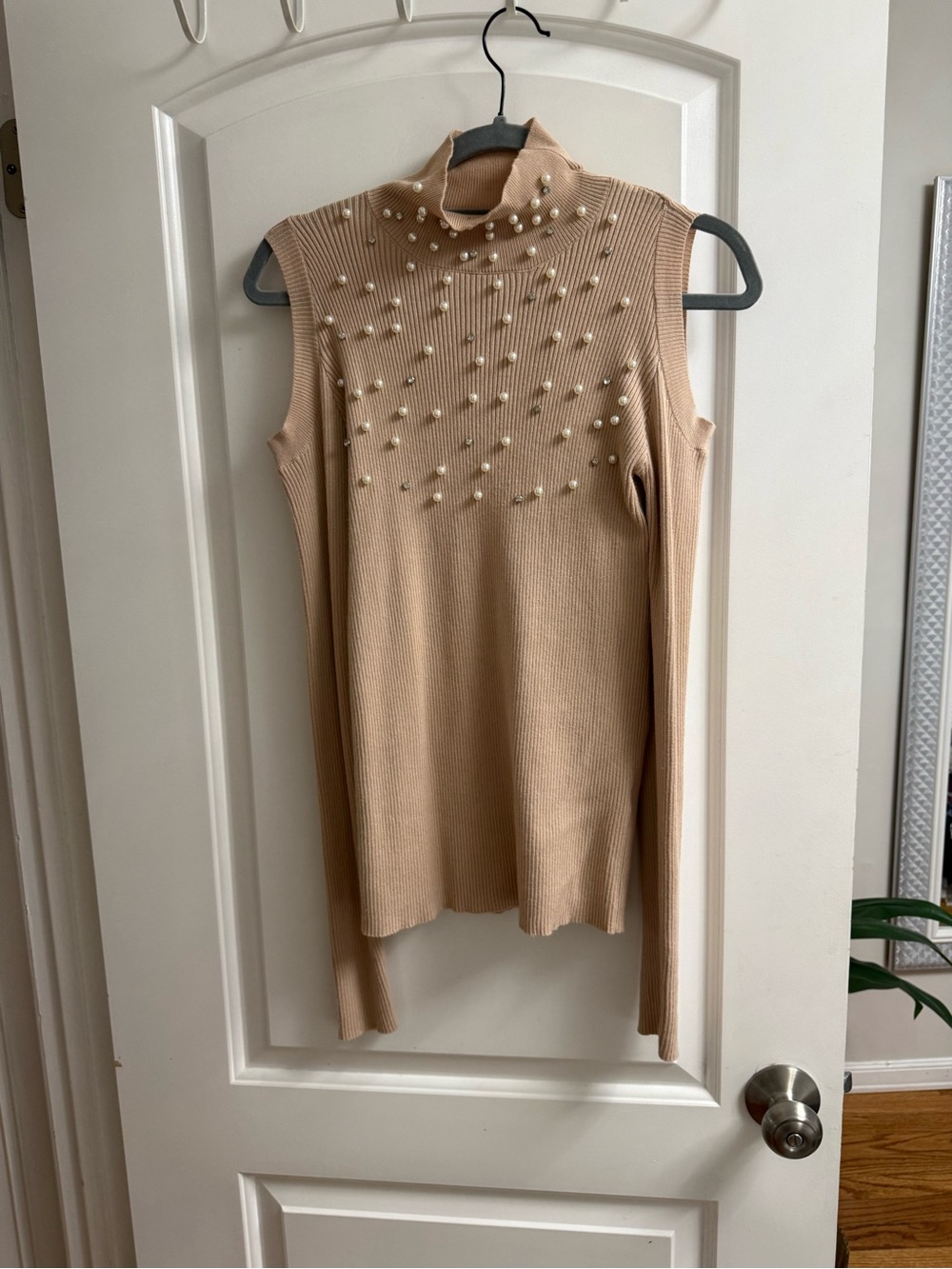 VENUS Pearl-Embellished Beige Cold Shoulder Mock Neck Top